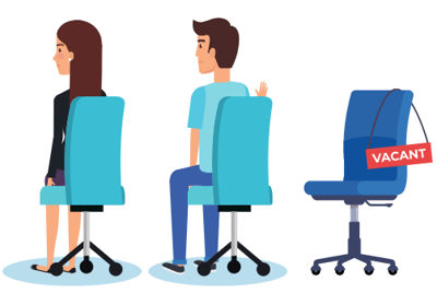 Illustration of three office chairs; one with a woman seated, one with a man seated, one with a vacant sign. 