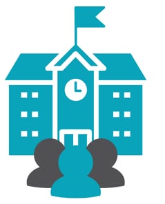 Two grey and one turquoise person icons grouped in front of a turquoise town hall icon.