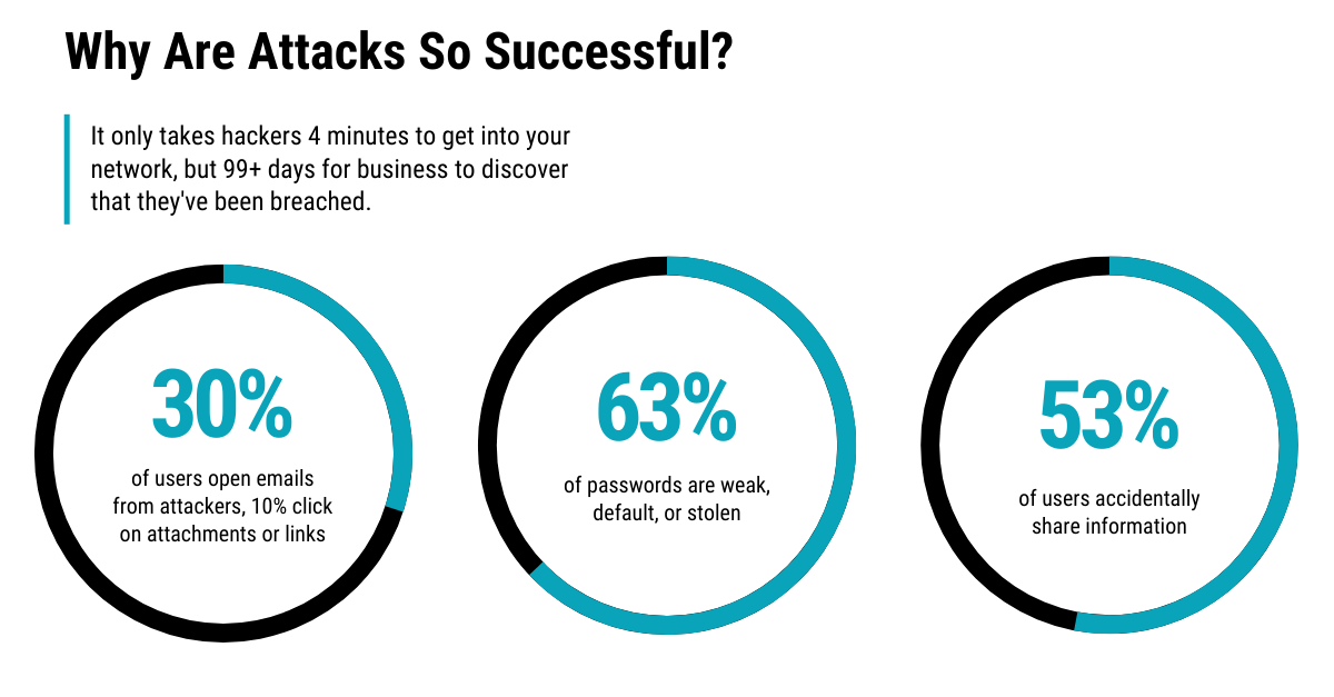Blue and black pie charts illustrating why attacks are so successful.