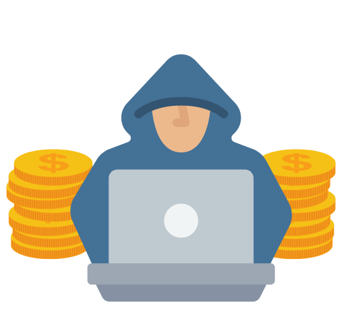 Illustration of a hooded figure sitting at a computer with a large pile of coins on either side. 
