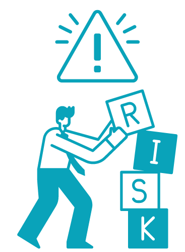 A businessman stacks blocks reading R I S K underneath a glowing caution sign.