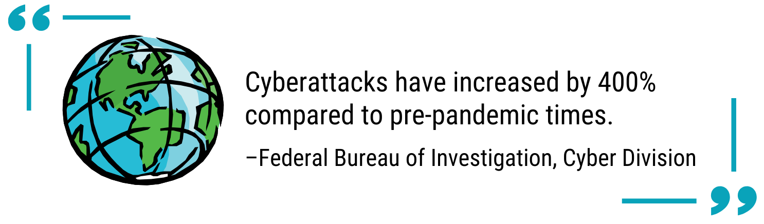Illustration of a globe with a FBI quote about the rise in cyberattacks during the COVID-19 pandemic.