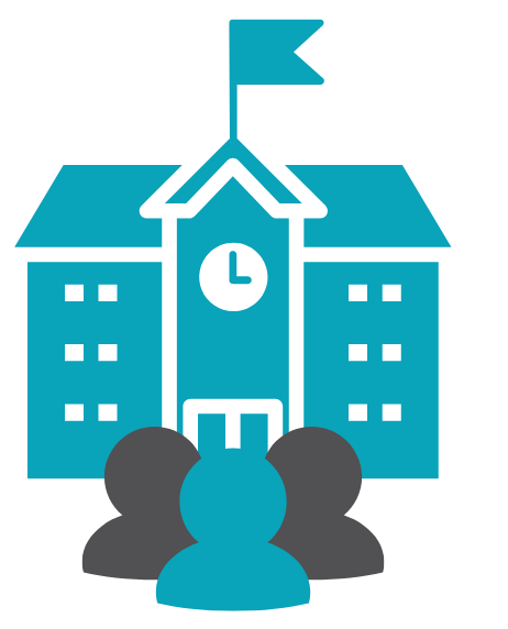 Two grey and one turquoise person icons grouped in front of a turquoise town hall icon.